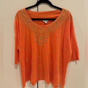 NWOT J.Jill Linen Orange with Gold Embroidery Tunic Size M